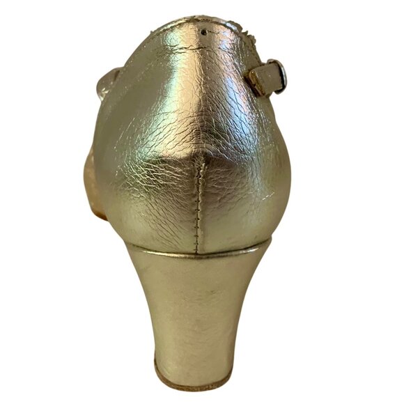 Very Fine Soft Gold Glitter Latin Dance Shoes Cuban Heel Open Toe Size 5 Leather - Picture 4 of 8